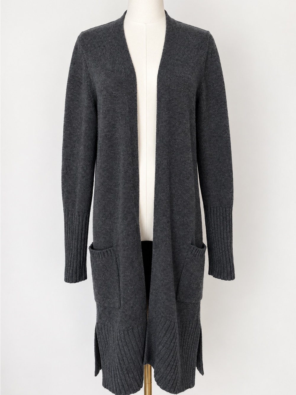 Athleta 100% Merino Wool Long Duster Cardigan Sweater Charcoal Gray M Pockets